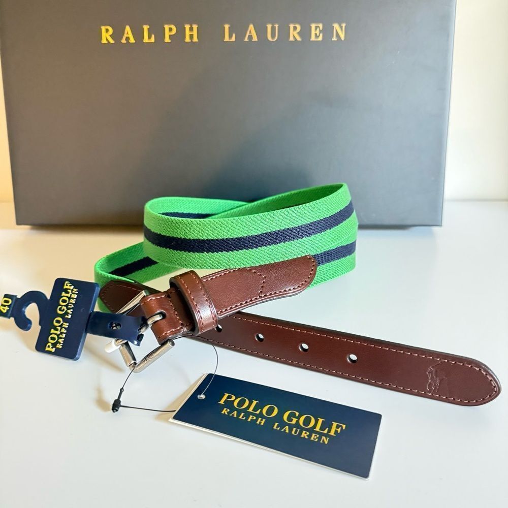 Polo Golf Ralph Lauren Men’s Elastic Belt Green & Navy–Leather Trim,Size 40, NWT